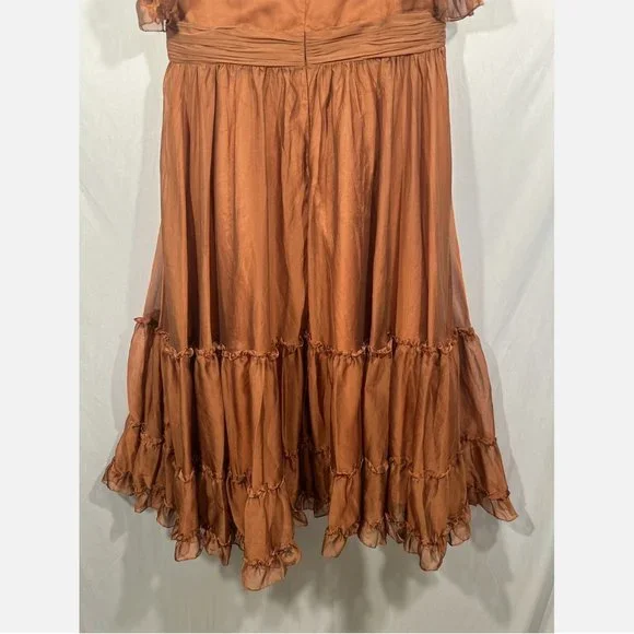 NWT Mac Duggal [ 12 ] Sheer Flutter Sleeve Tea Length Ruffle Dress‎ Rust Orange - Picture 12 of 15